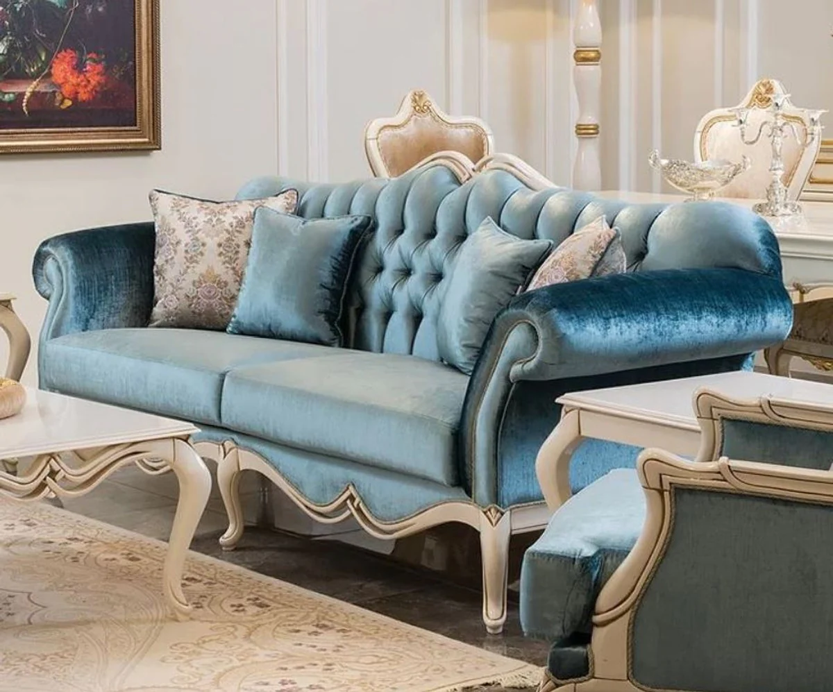 Luxury baroque sofa blue / white 225 x 87 x H. 101 cm - living room sofa with decorative pillows - living room furniture in baroque style