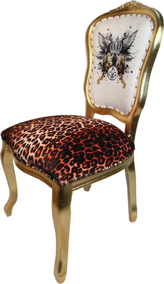Pompöös by Luxury Baroque Dining Room Chairs Glitter Crown & Angel Wings Leopard / White / Gold 50 x 60 x H.104 cm - Pompöös Baroque Chairs designed by Harald Glööckler - 4 dining room chairs