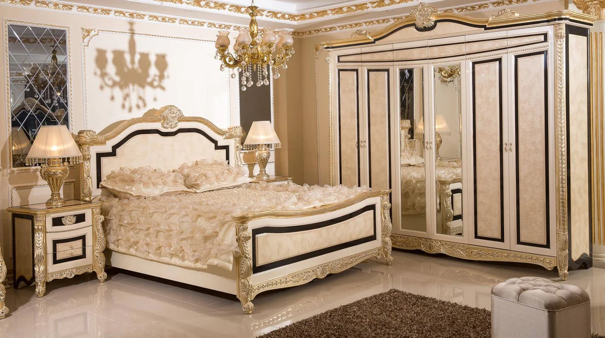 Luxury Baroque bedroom set white / beige / black / gold - 1 Baroque double bed with headboard & 2 Baroque nightstands - Luxury bedroom furniture in Baroque style - Baroque interior