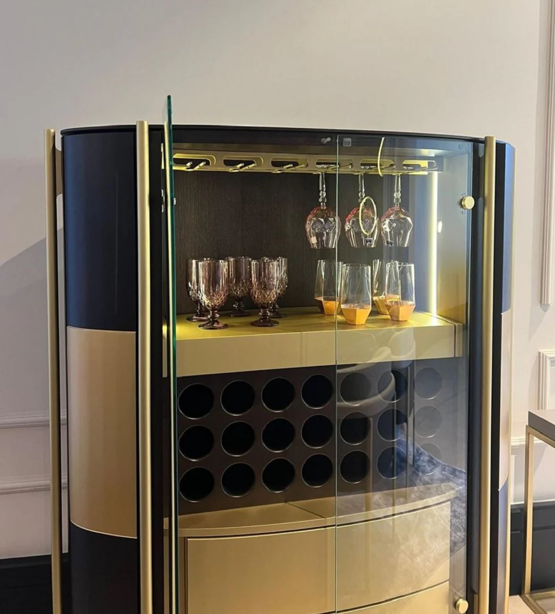 Luxury bar cabinet dark brown / brass 128 x 47 x H. 150 cm - Illuminated solid wood wine cabinet with 4 doors - Living room furniture - Bar furniture - Hotel furniture - Luxury collection