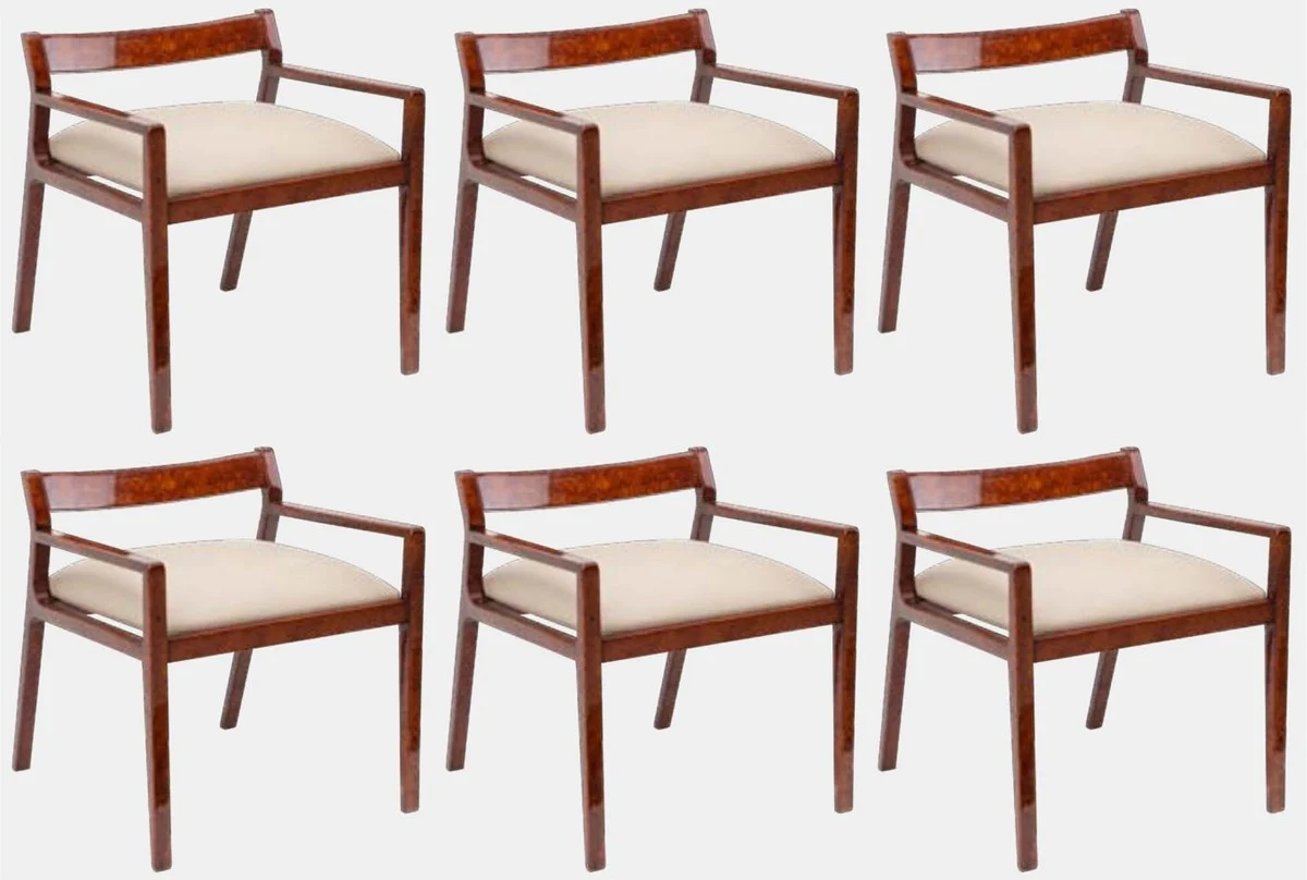 Luxury dining room chair set of 6 with armrests brown / cream 60 x 69 x H. 65 cm - Luxury solid wood kitchen chairs - Dining room furniture - Kitchen furniture - Luxury furniture - Luxury furnishings