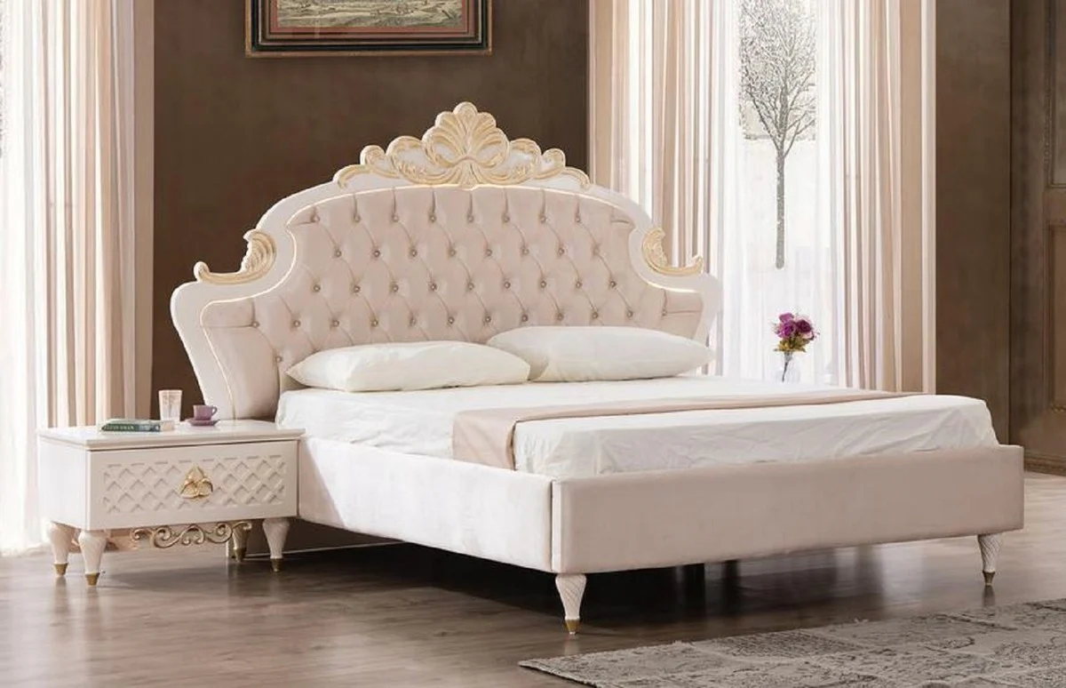 Luxury Baroque Bedroom Set Pink / White / Gold - 1 double bed with headboard & 2 bedside tables - Baroque Bedroom Furniture - Noble & Magnificent