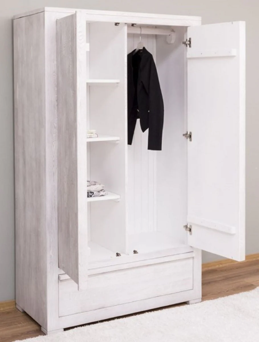 Country house style wardrobe white 110 x 53 x H. 190 cm - solid wood bedroom wardrobe with 2 doors and drawer - country house style bedroom furniture