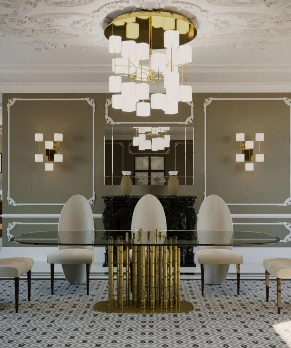 Luxury designer dining table bamboo gold 200 x 110 x H. 78 cm - Handmade dining room table with oval glass top - Dining room furniture - Hotel furniture - Luxury quality