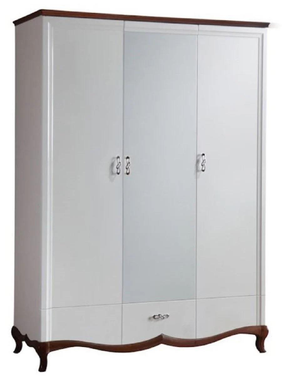 Luxury Art Nouveau bedroom cabinet high gloss white / brown 164.2 x 62.5 x H. 209.5 cm - Mirrored solid wood wardrobe with 3 doors and drawer - Bedroom furniture