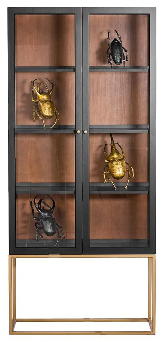 Luxury display cabinet with LED lighting matt black / brass / matt cognac 90 x 40 x H. 200 cm - illuminated solid wood display cabinet with 2 glass doors - living room furniture - luxury furniture