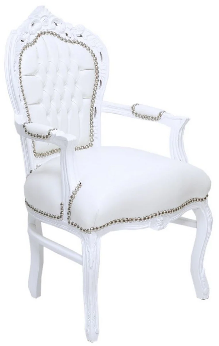 Baroque dining room chair with armrests and elegant faux leather white / white - handmade antique style chair - dining room furniture in baroque style - baroque furniture