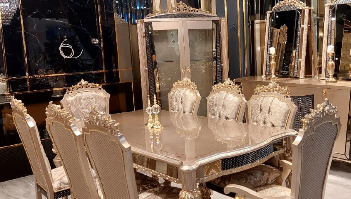 Luxury Baroque Dining Room Set Gray / Black / Gold - 1 Baroque Dining Table & 8 Baroque Dining Chairs - Luxury Dining Room Furniture in Baroque Style - Magnificent Baroque Dining Room Furniture