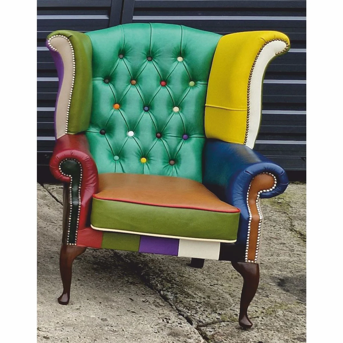 Luxury Chesterfield wing chair green / colorful / dark brown - patchwork real leather furniture