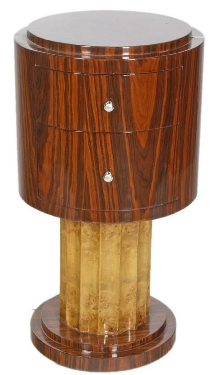 Art Deco side table set brown / light brown Ø 40 x H. 75 cm - round mahogany & burl wood side tables with 2 drawers