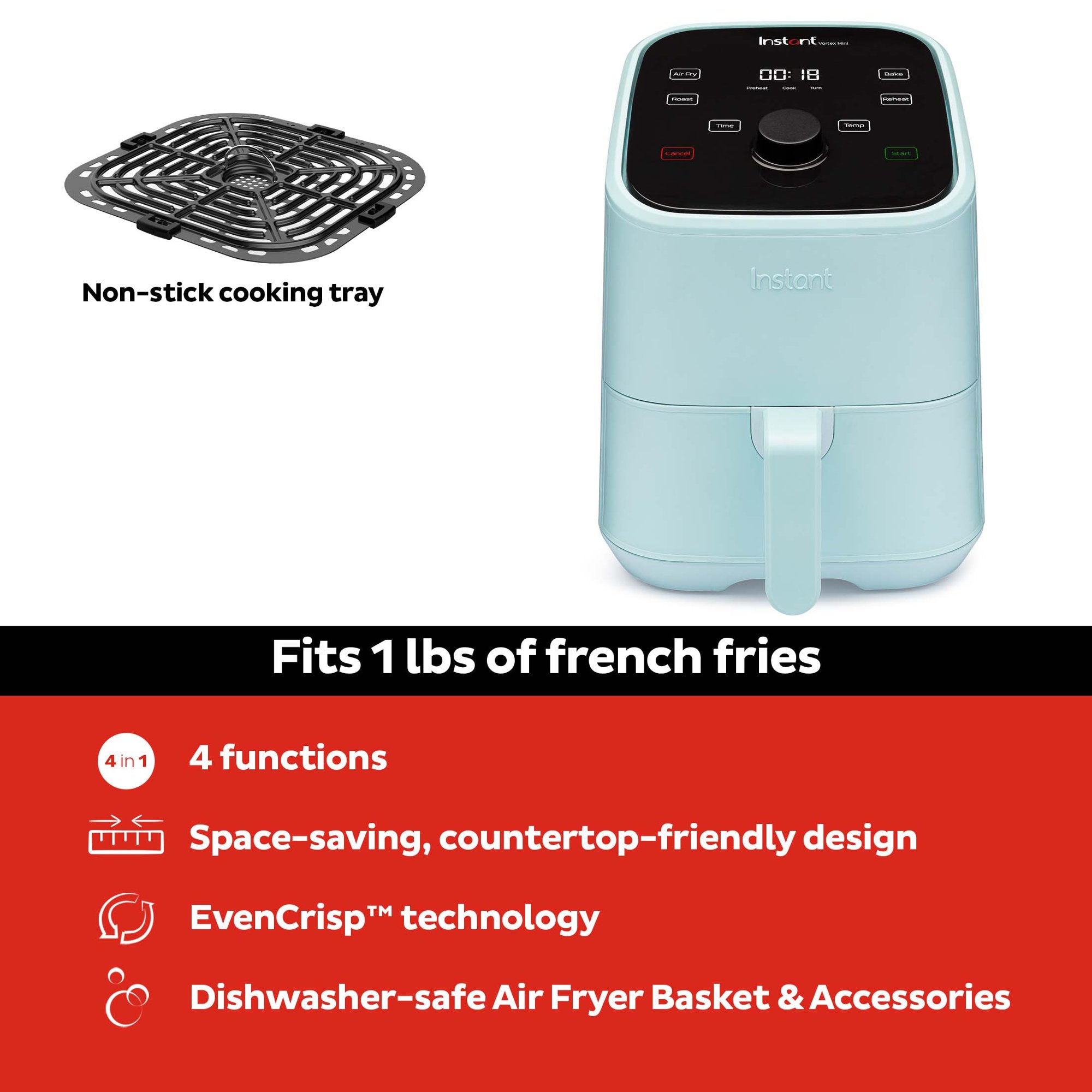 Instant Pot, 2-Quart Vortex Mini Air Fryer Backofen, 4-in-1 Öl-Less Herd, Roaster, Toaster, Crisper, Dehydrater, Warmer & Mehr, Aqua