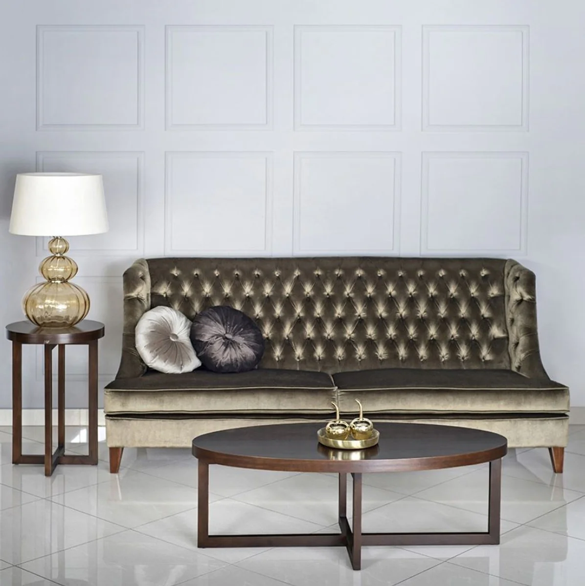 Luxury Chesterfield 3-seater sofa green / brown 230 x 95 x H. 102 cm - Modern living room sofa - Luxury Chesterfield living room furniture