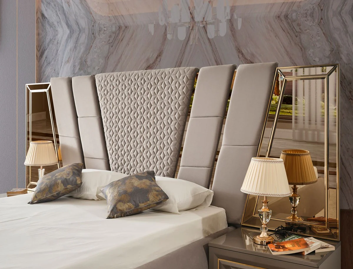 Luxury Art Deco Bedroom Set Gray / Gold - 1 Double Bed with Headboard & 2 Nightstands - Art Deco Bedroom Furniture - Luxury Bedroom Furniture - Luxury Furnishings