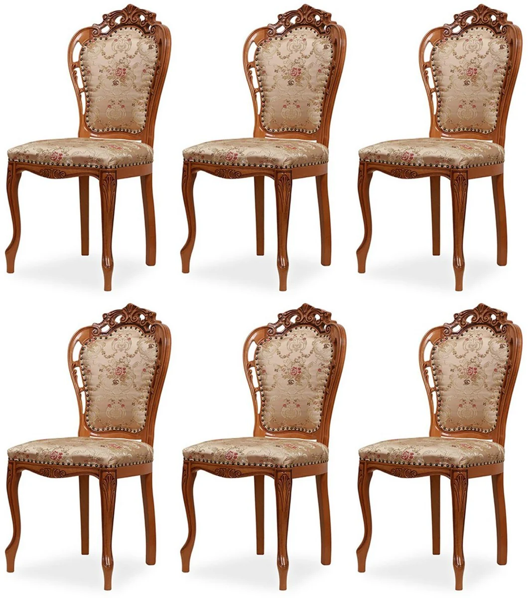 Luxury Baroque Dining Room Chair Set of 6 with Elegant Pattern Gold / Multicolored / Brown - Baroque Style Kitchen Chairs - Magnificent Luxury Dining Room Furniture in Baroque Style - Noble & Magnificent