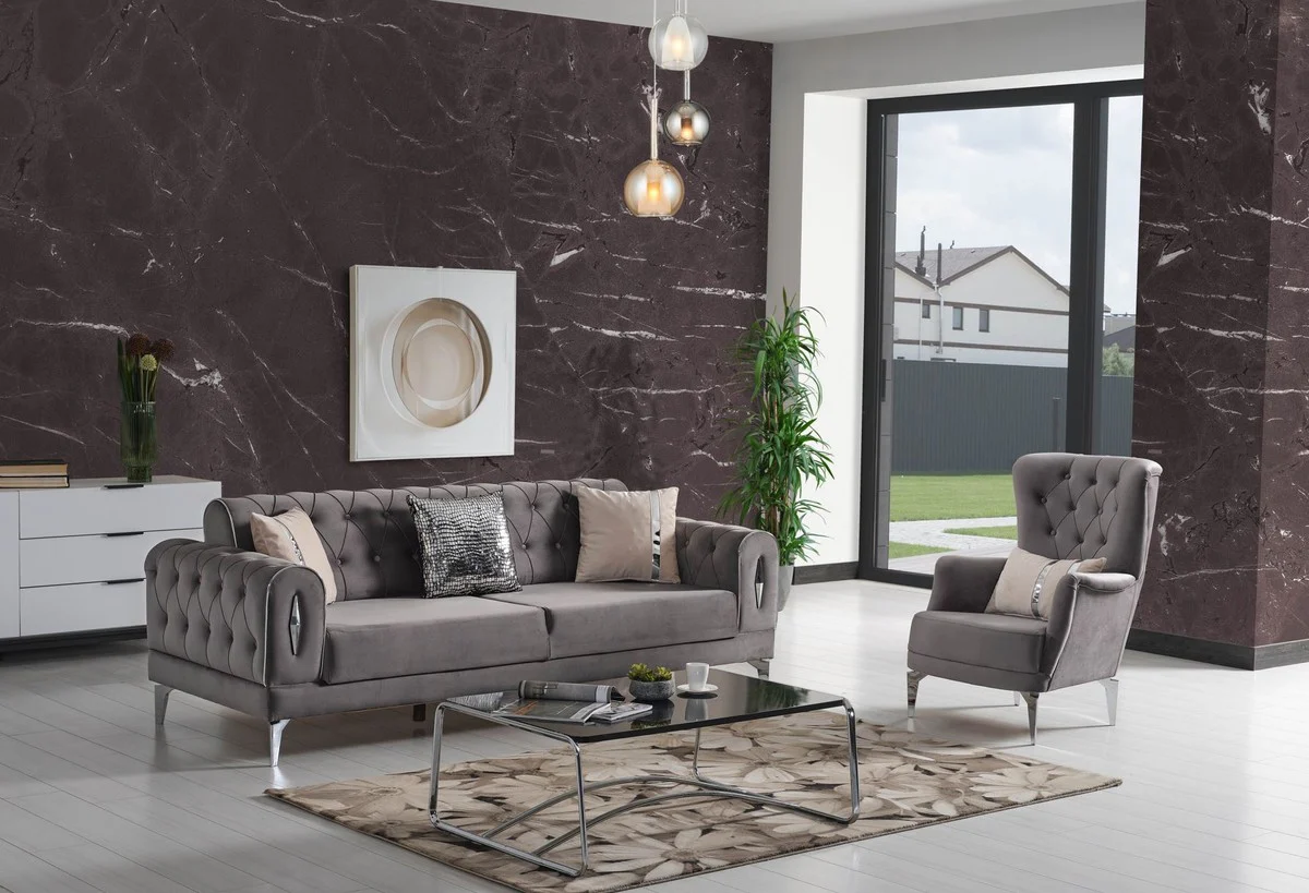 Luxury sofa bed gray / silver 225 x 95 x H. 83 cm - Living room sofa with 4 cushions - Luxury living room furniture