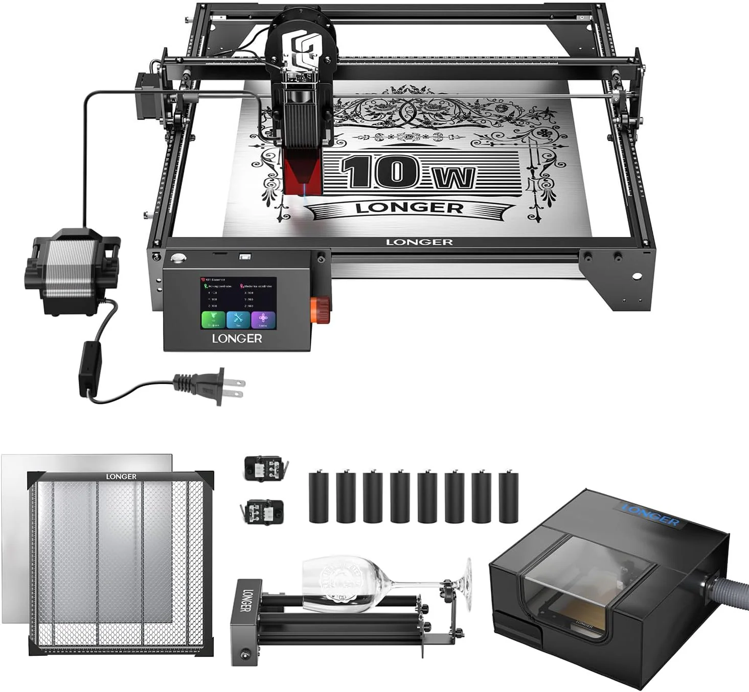 Longer RAY5 10W laser cutter and laser engraver for tumbler, rotary roller bundle, 17.3x 17.3 work bed, housing with vent, and air pump, laser engraver for wood and metal, acrylic