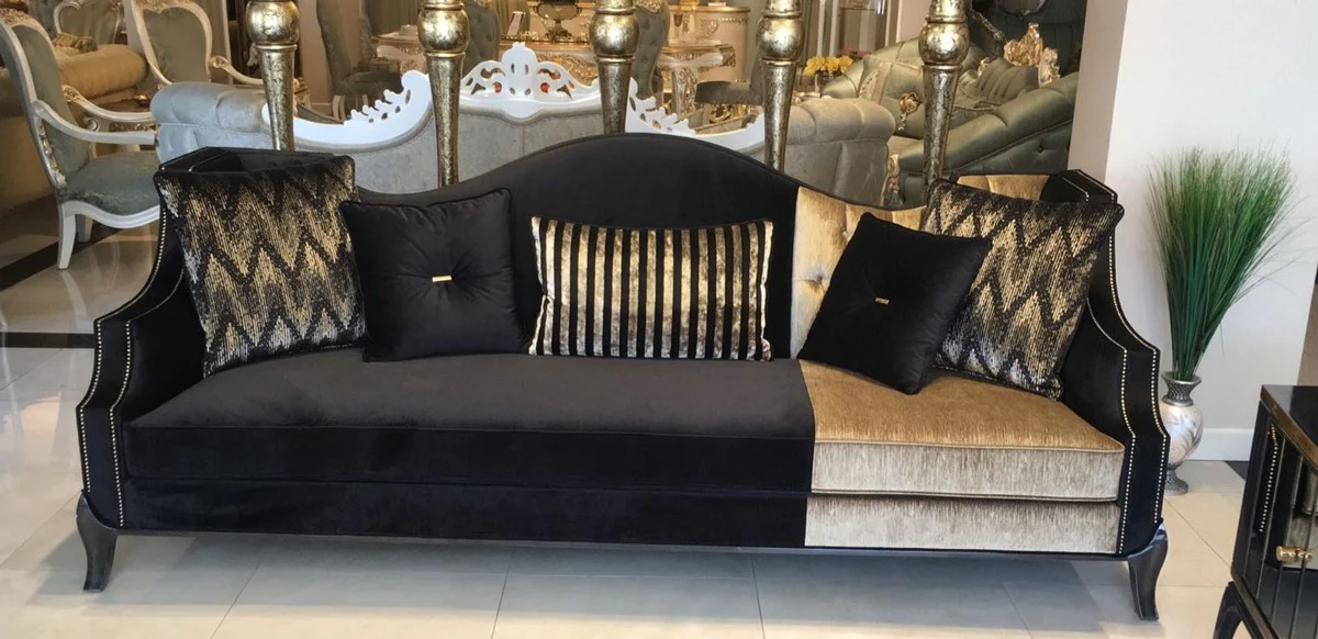 Luxury Baroque Sofa Black / Gold 250 x 90 x H. 100 cm - Living Room Sofa in Baroque Style - Baroque Furniture - Noble & Magnificent