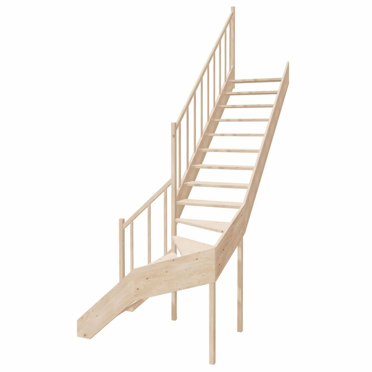 Luxury corner wooden staircase with railing left side natural color H. 304 cm