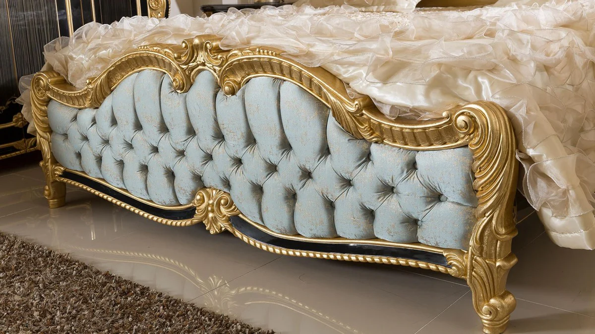 Luxury baroque bedroom set light blue / black / gold - 1 double bed with headboard & 2 nightstands - bedroom furniture in baroque style - noble and magnificent