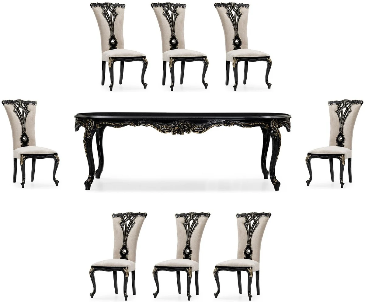 Luxury Baroque Dining Room Set Cream / Black / Gold - 1 Baroque Dining Table & 8 Baroque Dining Chairs - Luxury Dining Room Furniture in Baroque Style - Magnificent Baroque Dining Room Furniture