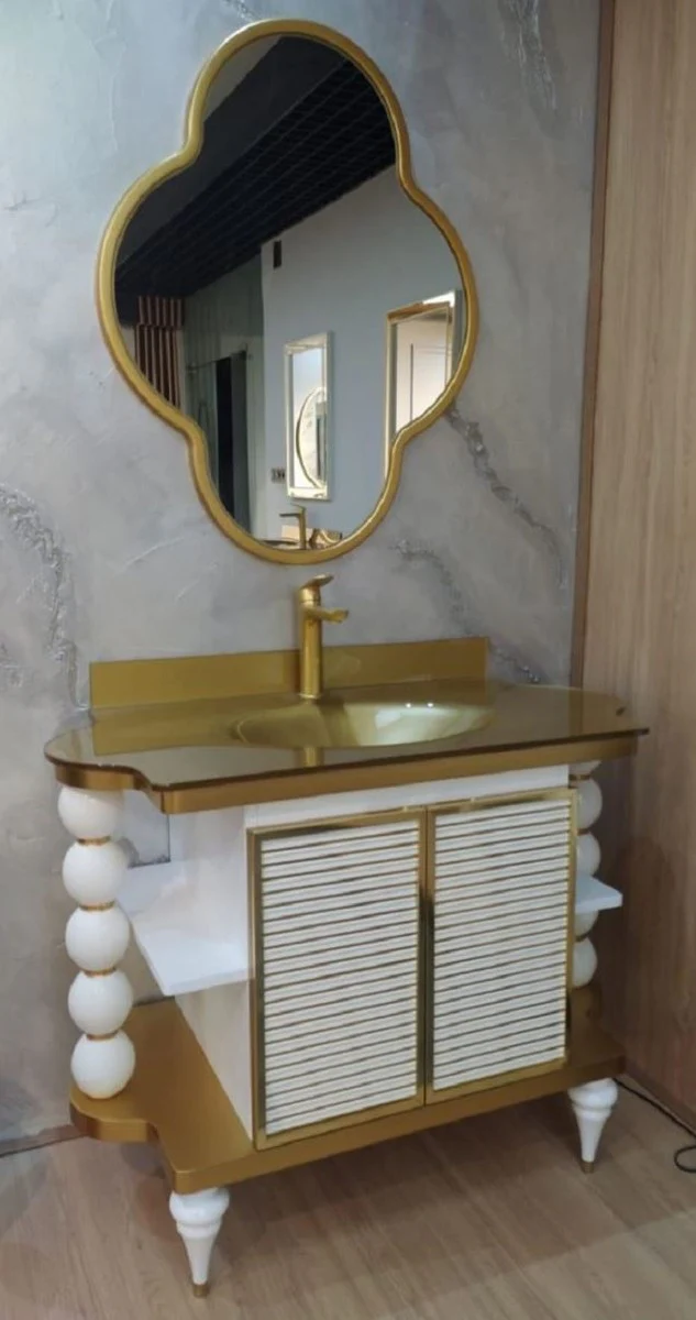 Baroque bathroom set white / gold - 1 washbasin with glass sink & 1 wall mirror - Baroque bathroom furniture