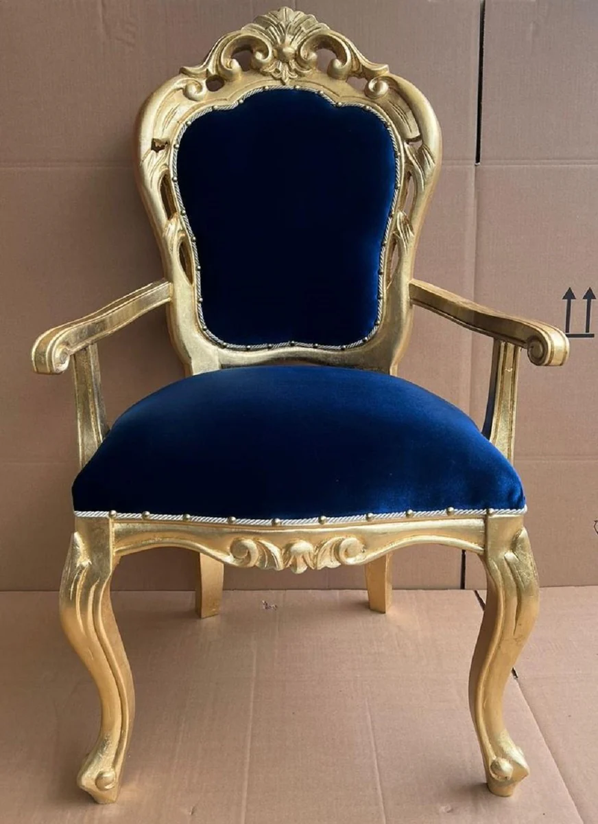 Luxury baroque dining room chair royal blue / gold - handmade baroque style chair with armrests and elegant velvet fabric - dining room furniture in baroque style
