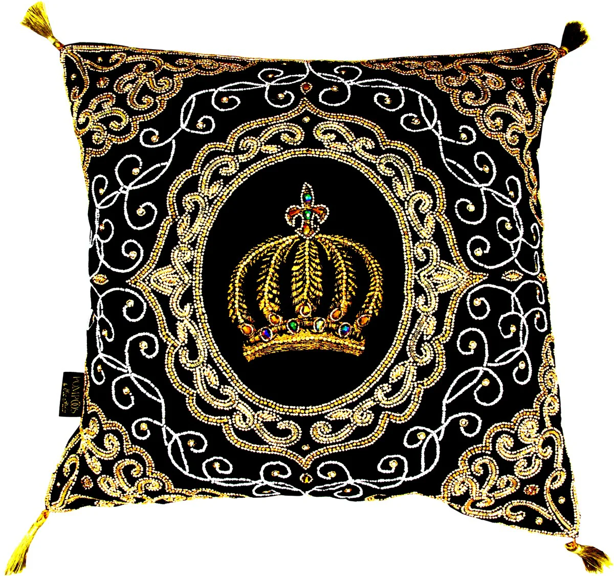 Harald Glööckler luxury baroque decorative cushion Pompöös by Krone black / gold elaborately decorated with sequins and rhinestones