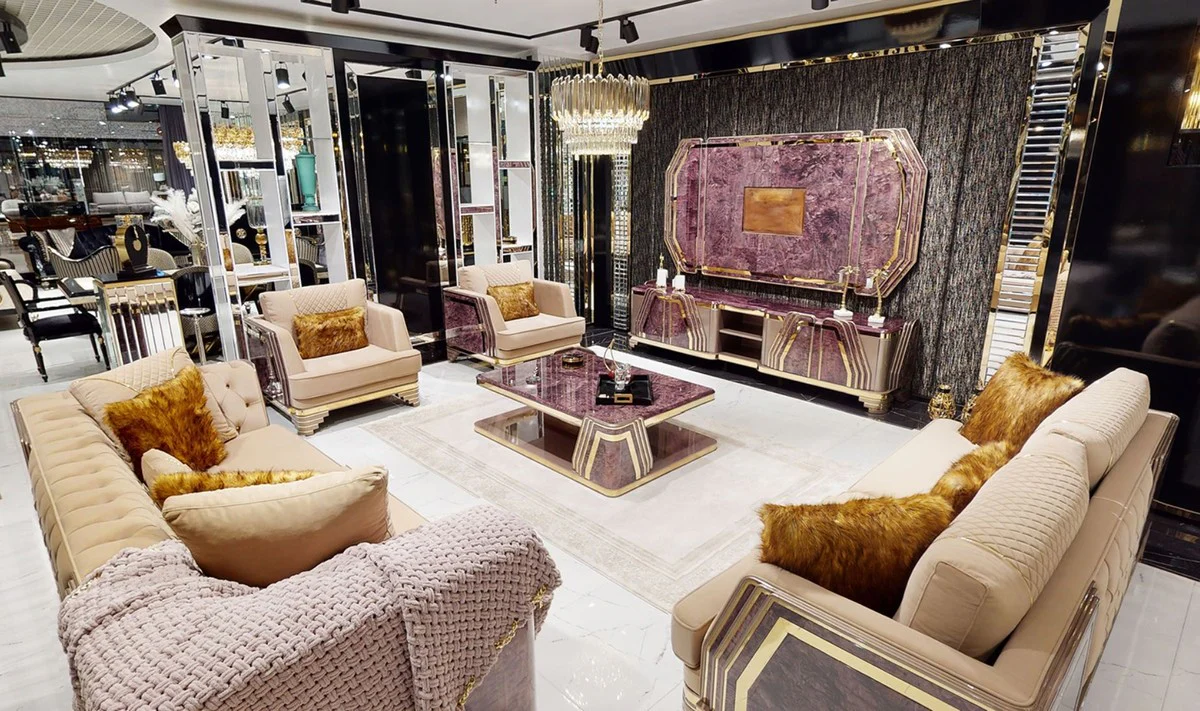 Luxury Art Deco Sofa Beige / Purple / Gray / Gold - Elegant Living Room Sofa with Marble Look - Luxury Art Deco Living Room & Hotel Furniture