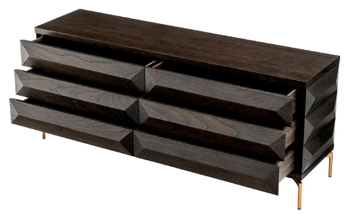 Luxury solid wood chest of drawers with 6 drawers mocha / brass 182 x 48 x H. 75 cm - Bedroom chest of drawers - Bedroom furniture - Luxury furniture - Luxury furnishings - Luxury furniture