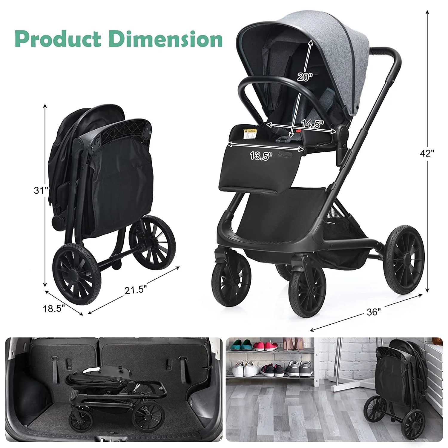 Kinderwagen, umkehrbarer Stubenwagen für Neugeborene, einhändig faltbarer, schnell zusammenklappbarer Kinderwagen mit Aluminiumrahmen, verstellbarem Verdeck, 5-Punkt-Sicherheitsgurt für Säuglinge und Kleinkinder (schwarz)