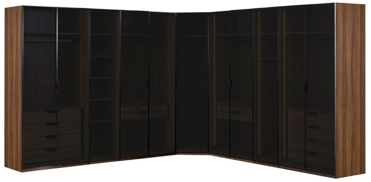 Luxury corner wardrobe brown / black 345 x 345 x H. 220 cm - solid wood bedroom wardrobe with 11 glass doors and LED lighting - bedroom furniture - hotel furniture - luxury furniture