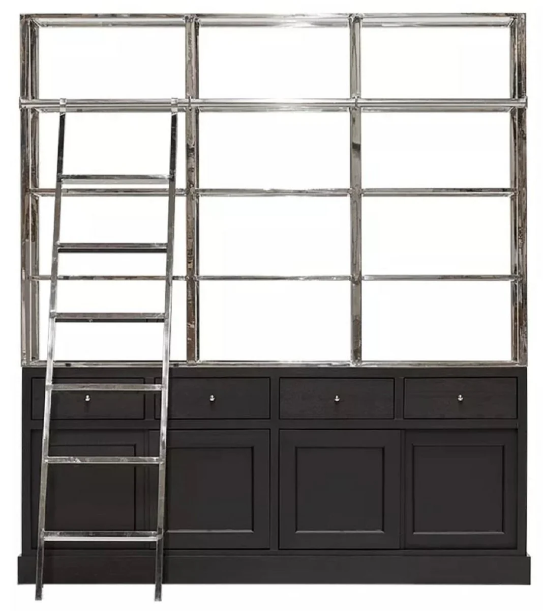 Shelf cabinet with ladder black / silver 219 x 43 x H. 240 cm - bookcase - living room cabinet - office cabinet - living room furniture - office furniture - luxury furniture