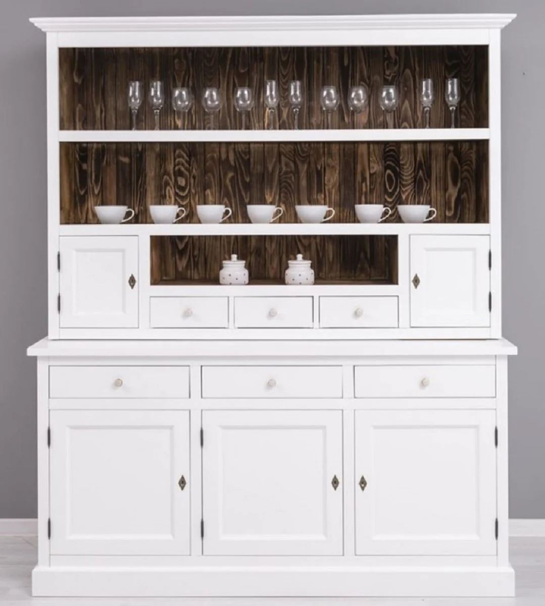 Country house style dining room cabinet white / dark brown 179 x 50 x H. 210 cm - solid wood kitchen cabinet - dining room furniture in country house style - country house style dining room furnishings