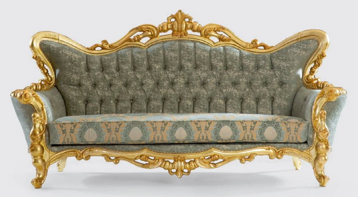 Luxury Baroque Sofa Green / Gold 245 x 90 x H. 126 cm - Handmade Living Room Sofa with Elegant Pattern - Baroque Living Room Furniture - Noble & Magnificent