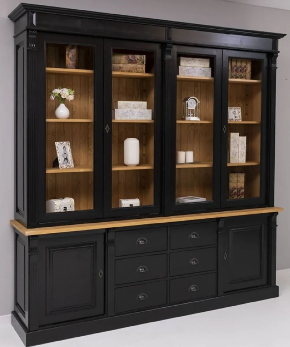 Country house style solid wood cabinet black / natural colors 223 x 51 x H. 228 cm - bookcase - shelf cabinet - country house style solid wood furniture