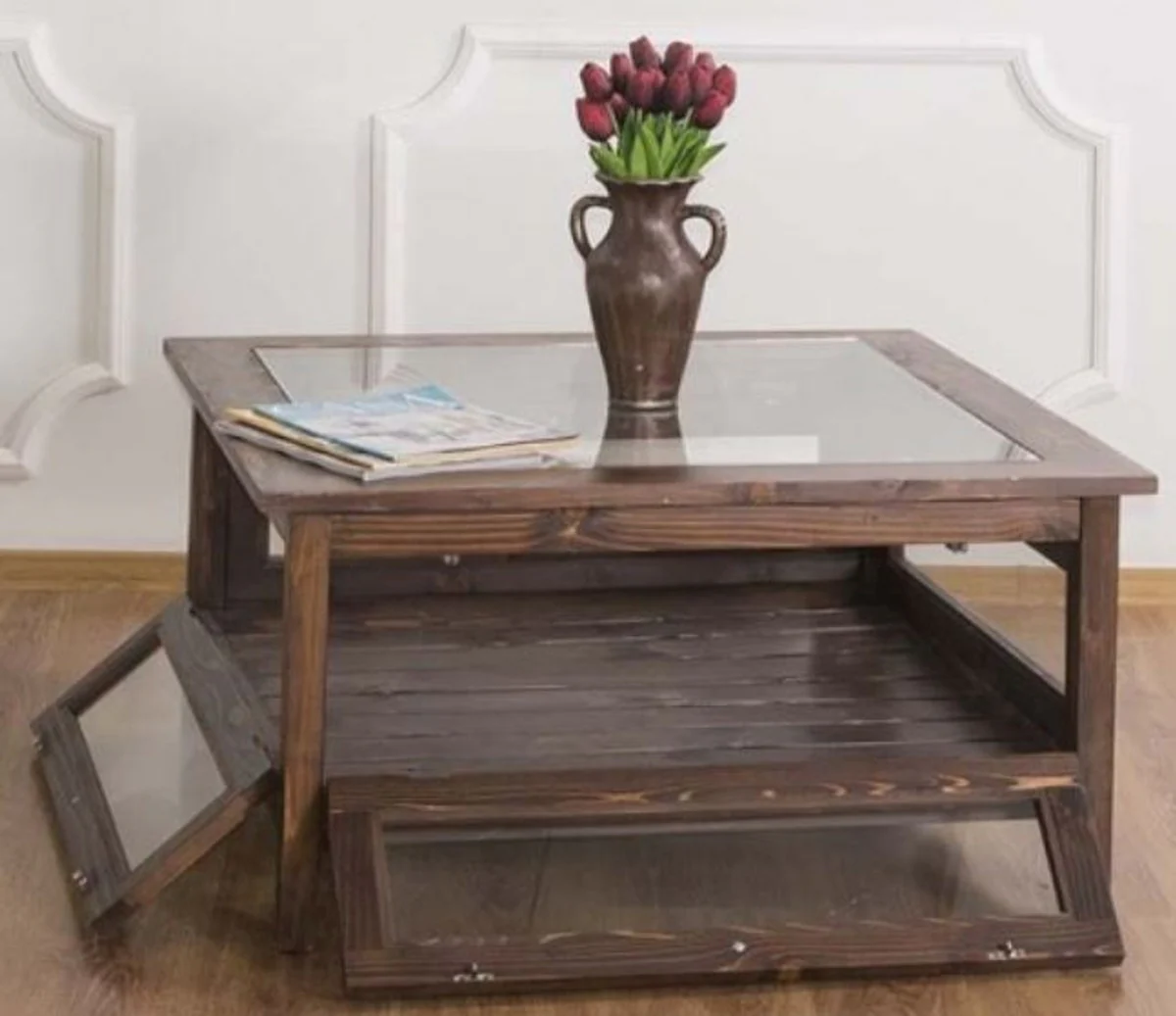 Country house style coffee table with glass top brown 90 x 90 x H. 45 cm - solid wood living room table - living room furniture in country house style