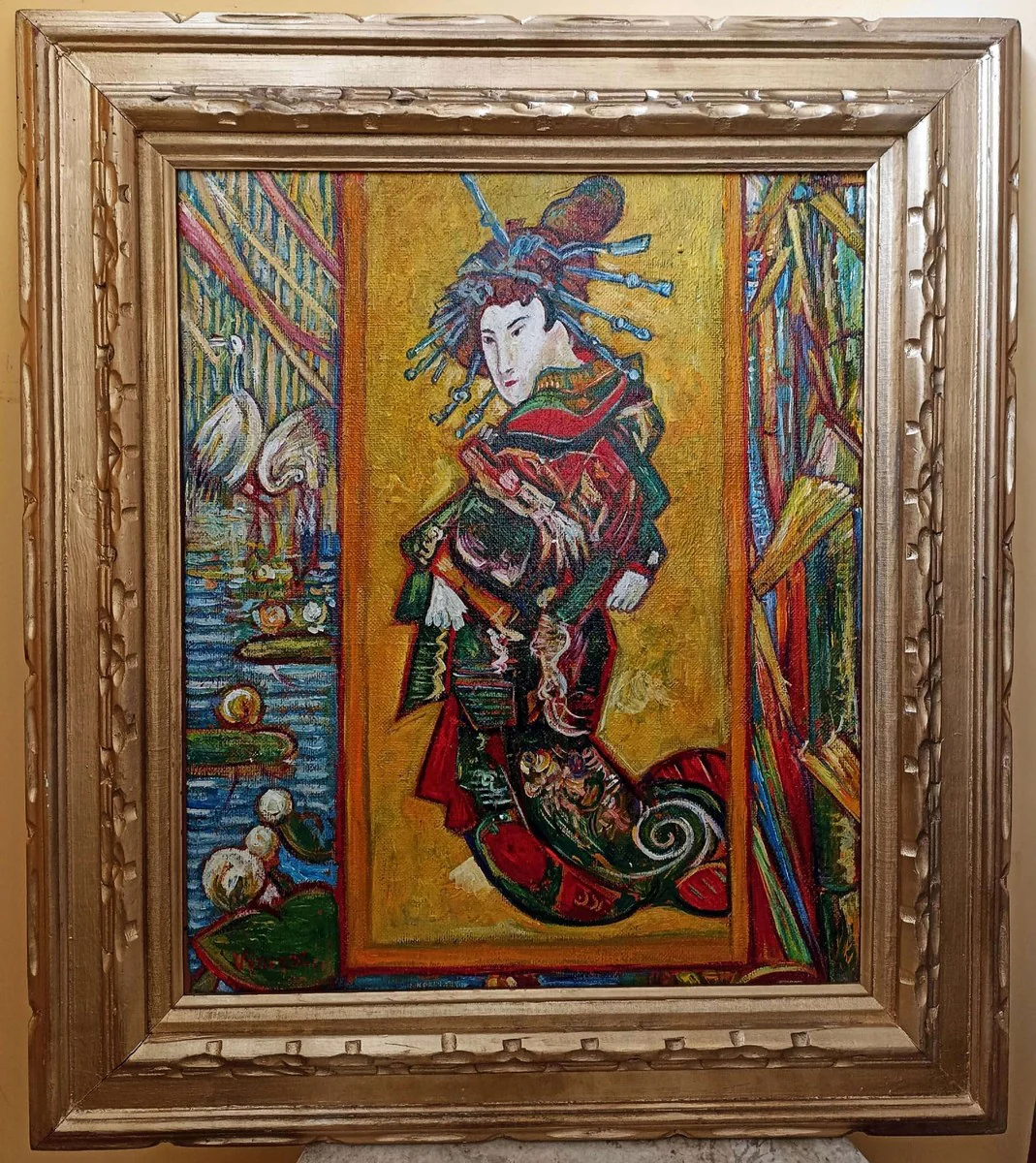 Vintage oil painting after Vincent van Gogh Cortesan Japanese Woman 83.5 x 73.5 cm - Authentic antique painting after the original - Hand painted