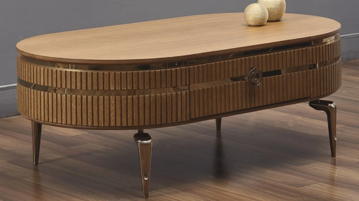 Luxury Art Deco coffee table light brown / gold 120 x 67 x H. 42 cm - Oval living room table with drawer - Living room furniture - Art Deco furniture - Luxury furniture