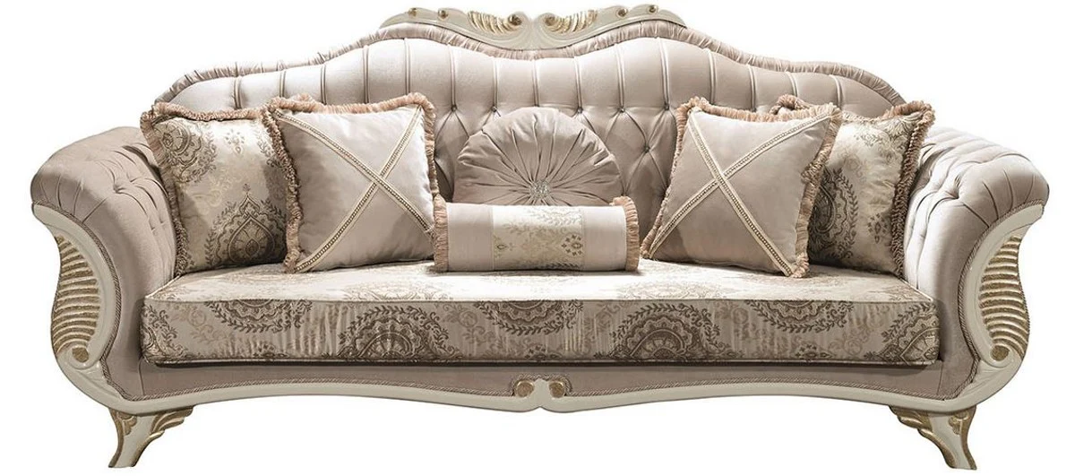 Luxury baroque living room sofa with rhinestones and decorative cushions gray / cream / gold 220 x 80 x H. 100 cm - noble baroque style furniture