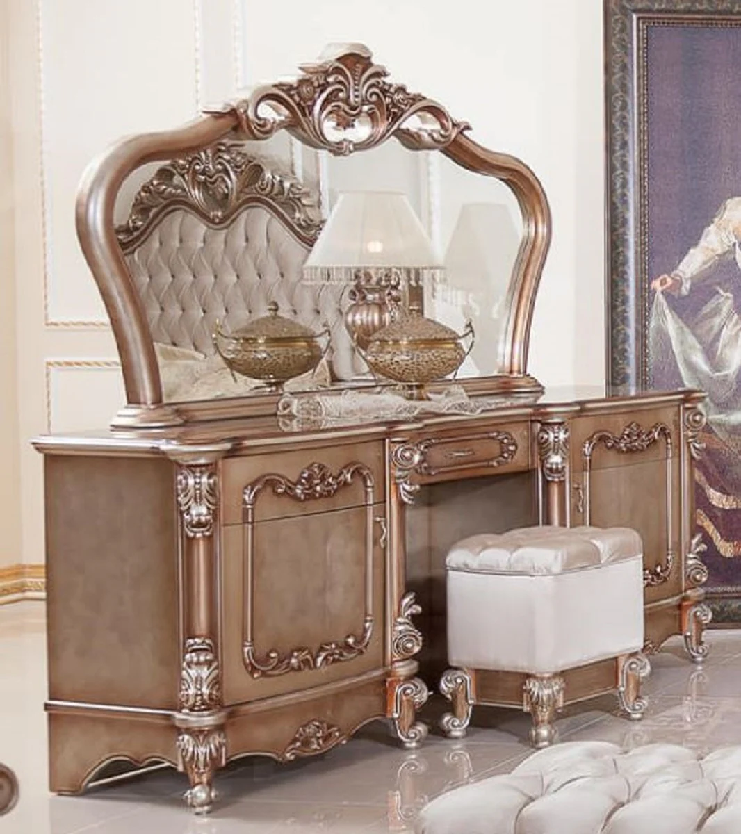 Luxury Baroque Bedroom Set Copper / Silver - 1 Baroque Dressing Table & 1 Baroque Mirror & 1 Baroque Stool - Luxury Bedroom Furniture in Baroque Style - Noble & Magnificent
