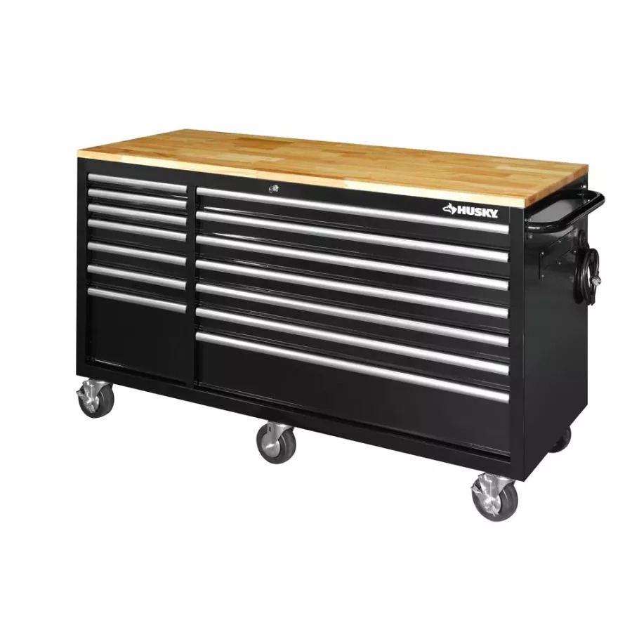 62 IN W 14-DRAWER, DEEP TOOL CHEST MOBILE WORKBENCH in GLOSS BLACK MIT SOLID WOOD TOP
