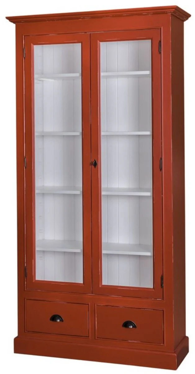 Country house style living room display cabinet antique red / white 109 x 39 x H. 210 cm - living room cabinet with 2 glass doors and 2 drawers