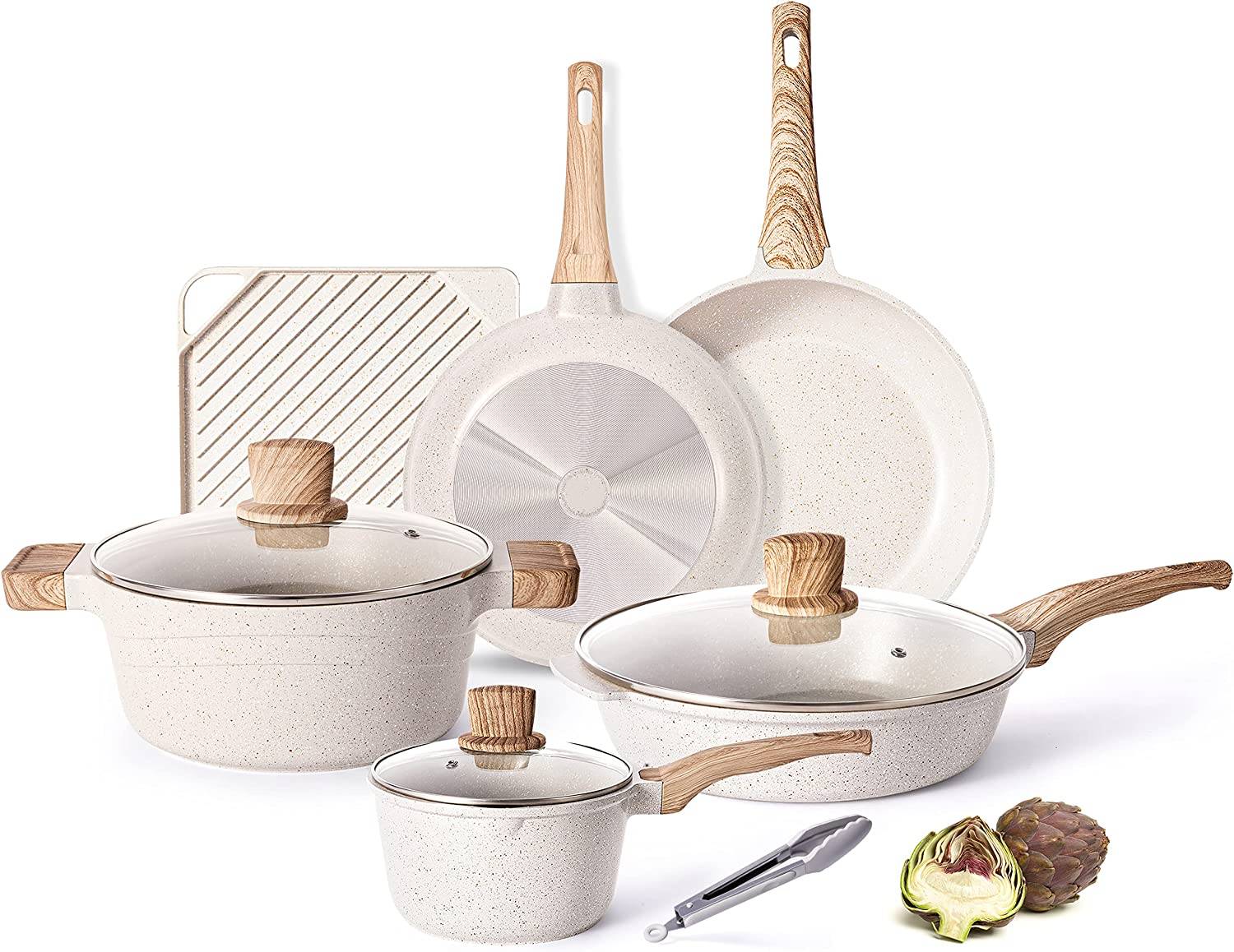 Töpfe und Pfannen-Set – Caannasweis Kitchen Antihaft-Kochgeschirr-Sets, Granit-Bratpfannen zum Kochen, Marmor-Stein-Pfannen-Sets, Küchenutensilien, 11-teiliges Set, Beige
