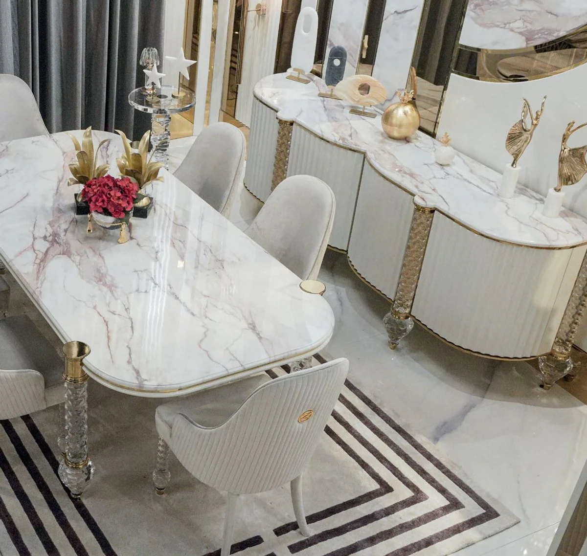 Luxury Art Deco Dining Room Set White / Gray / Gold - 1 Art Deco Dining Table with Faux Marble Table Top & 6 Art Deco Dining Room Chairs - Art Deco Dining Room Furniture - Luxury Quality