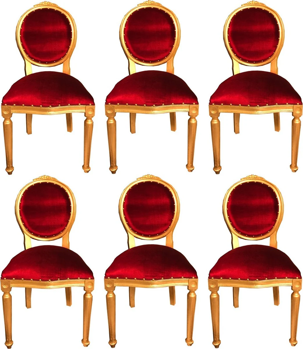 Luxury Baroque dining room set medallion Bordeaux red / gold 50 x 52 x H. 99 cm - 6 handmade dining chairs - Baroque dining room furniture
