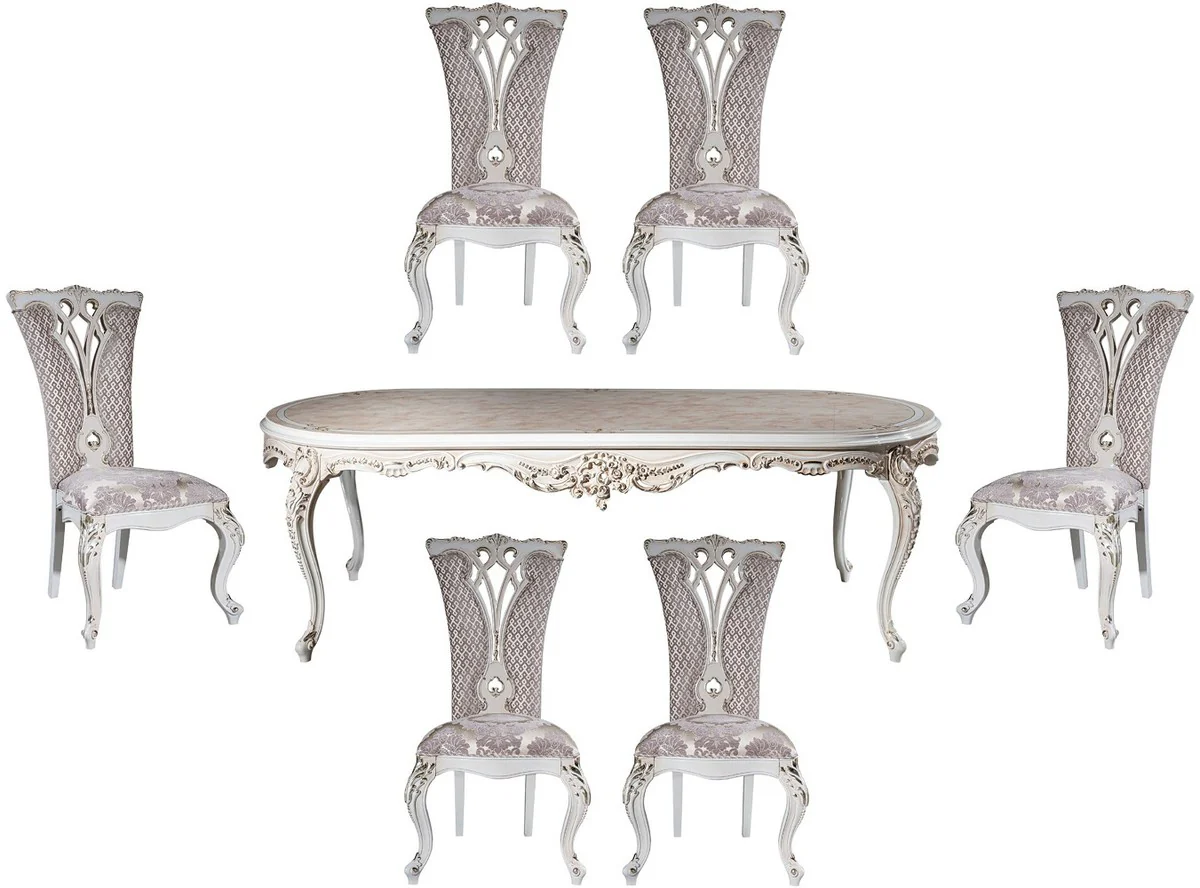 Luxury Baroque Dining Room Set Purple / Beige / White / Gold - 1 Oval Dining Table & 6 Dining Chairs with Elegant Pattern - Baroque Dining Room Furniture - Noble & Magnificent