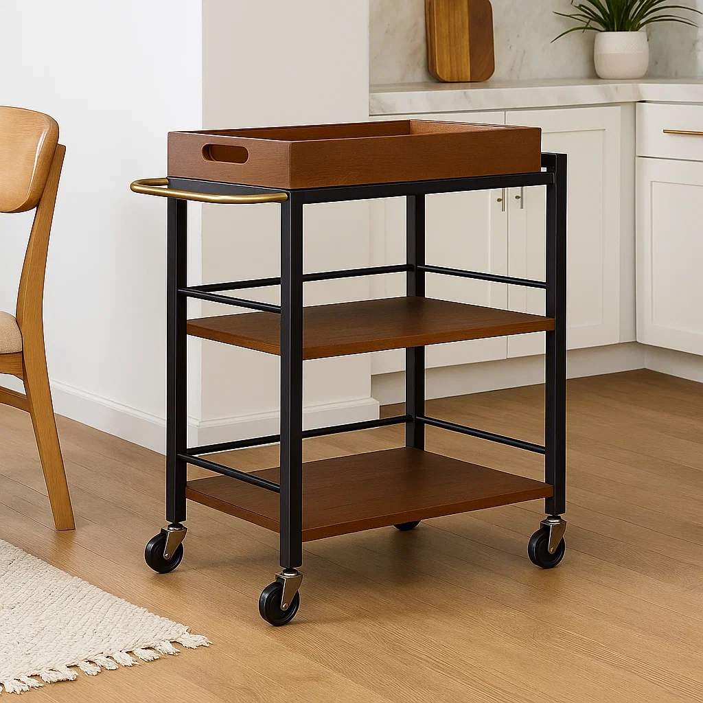 Kücheninsel, Küchenwagen mit Rollen und Holzregalen, braun und schwarz, 60 x 40 x 80 cm, für die heimische Küche. – 4NI9Kr538Ttx