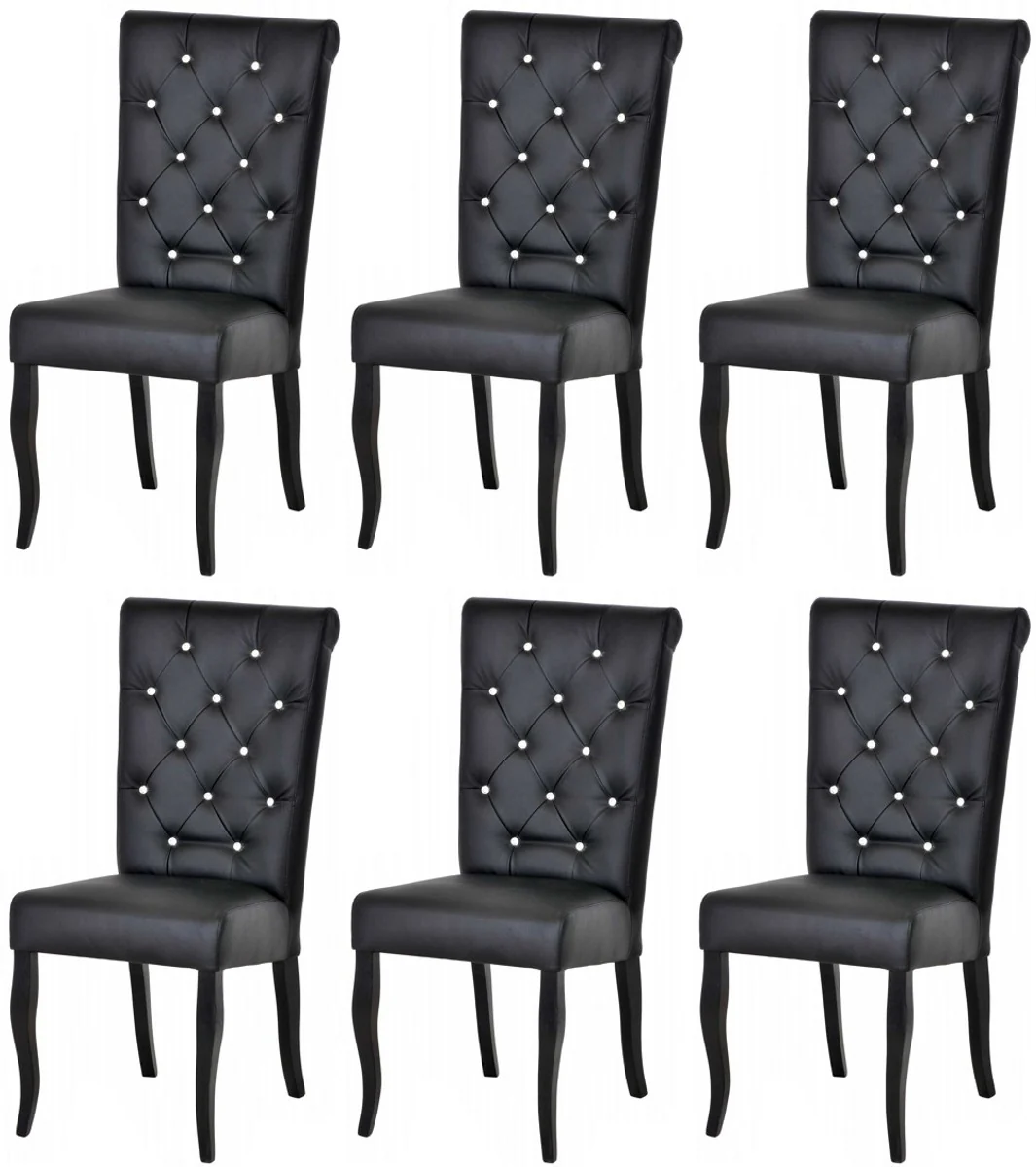Chesterfield Neo Baroque Dining Room Chair Set of 6 Black / Black - Faux Leather Kitchen Chairs with Glitter Stones - Dining Room Furniture - Chesterfield Furniture - Neo Baroque Furniture