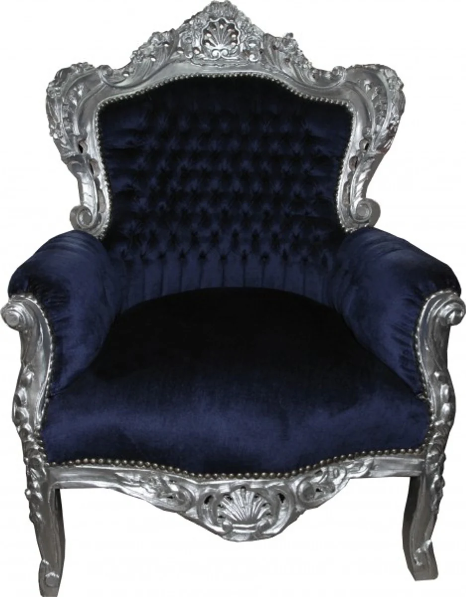 Barock Sessel King Royalblau / Silber - Luxus Barock Möbel im Antik Stil