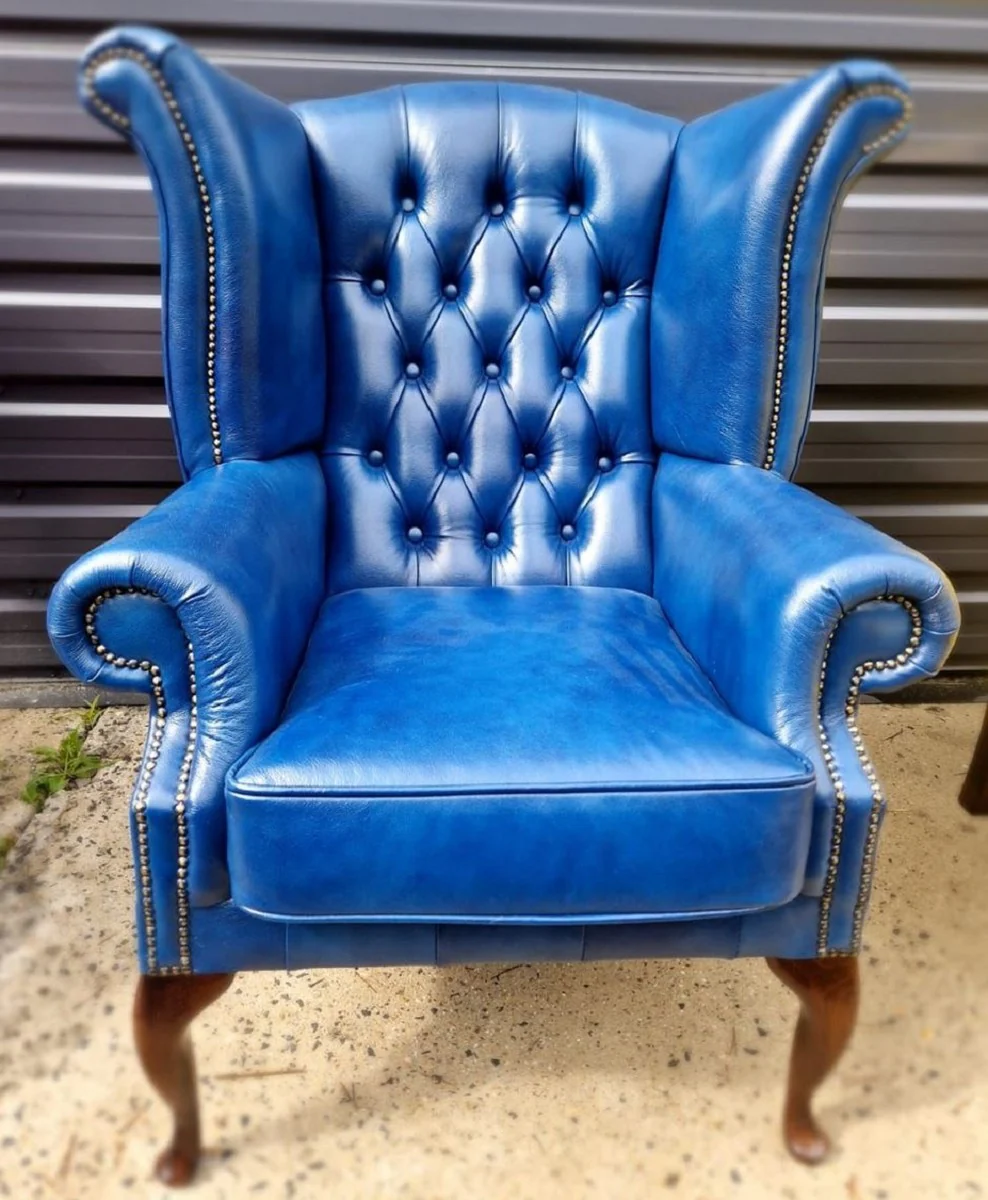 Luxury Chesterfield wing chair blue / dark brown 98 x 90 x H. 110 cm - genuine leather Chesterfield living room armchair - living room furniture - Chesterfield furniture - luxury leather furniture